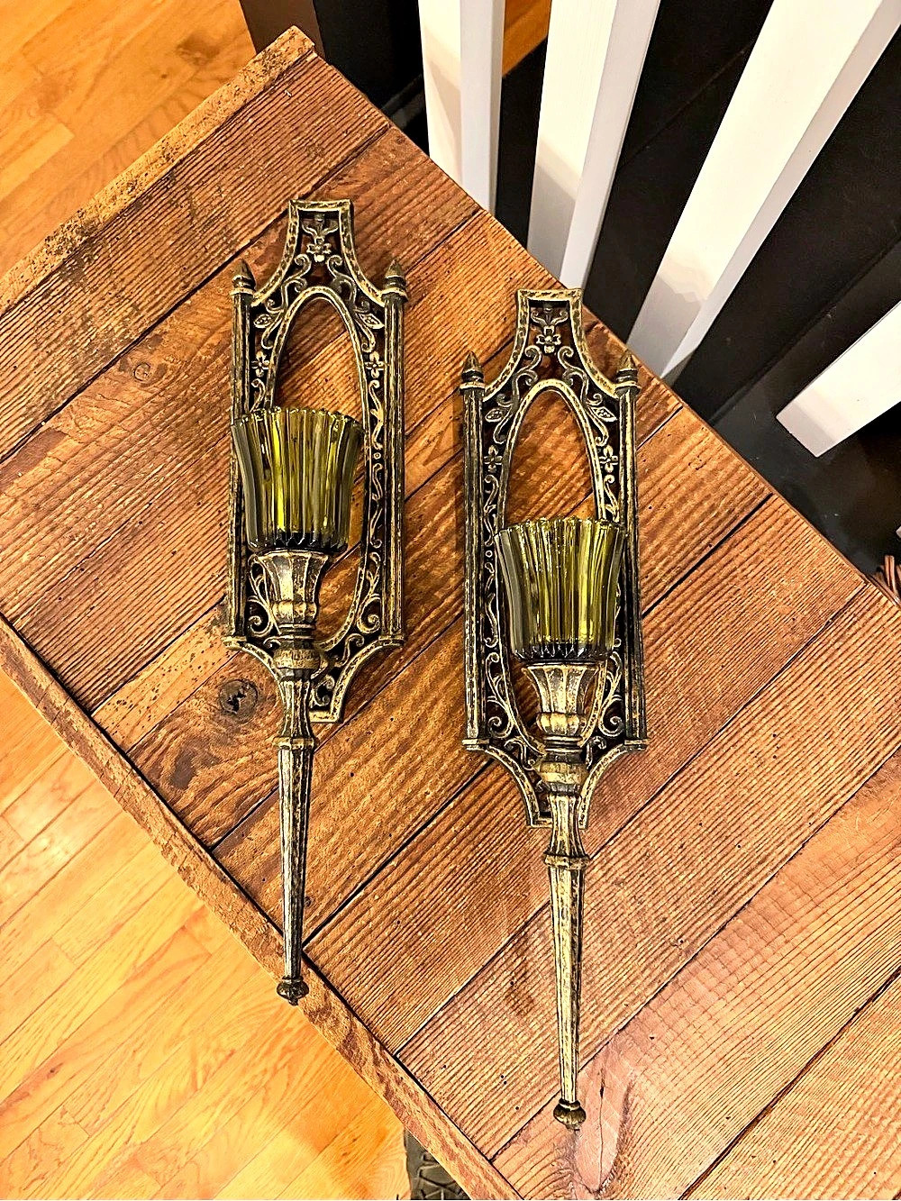 Pair of Vintage Homco 1971 Wall Sconces with Green Ribbed Glass Votive Cups